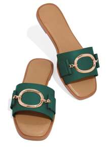 Women's Slim-Look Square Toe Dressy Slide Sandals Flat Low Heel Chain Slippers For Shopping, Work And Casual Outfits Christmas Gift & New Year Gift - màu xanh lá - Xem 5