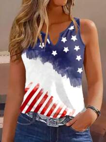 Plus Size Women Casual Patriotic American Flag & Star Print V-Neck Sleeveless Tank Top