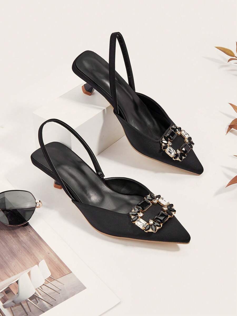 Women's Comfortable Pointed Toe Crystal Buckle High Heel Shoes, Asymmetrical Cut Design, New Arrivals 2024