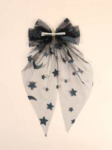 1pc Large Black Mesh Hair Bows For Women Girls Solid Color Star Moon Pattern Alligator Clips Sparkling Star Moon Printed Bow Hair Clips Elegant Long Tail Bow Hair Clips Wedding Party Holiday Gifts Bow Barrettes Women Hair Accessories