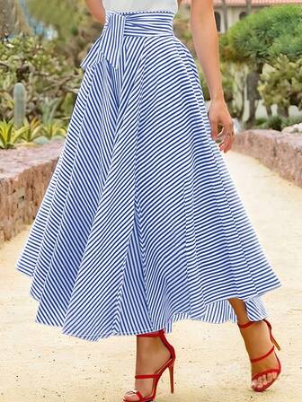 Women Twist Waist Striped Casual Loose A-Line Skirt
