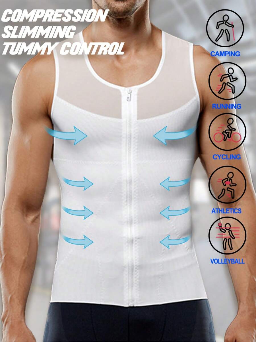 Men Tummy Control Slimming Body Shapewear Gynecomastia Compression Vest Zip Up Shirt Tank Tops Solid Zipper Sports Tank Tops Undershirt - White - View 1