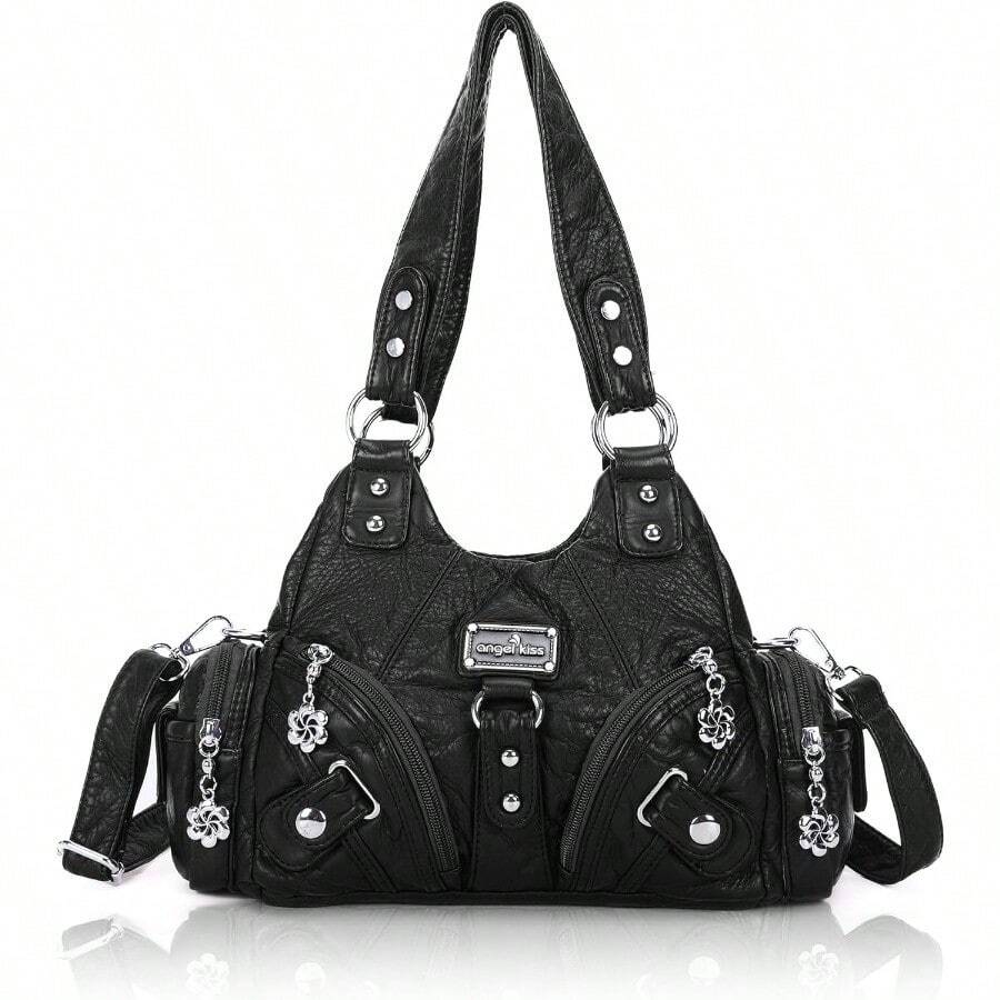 Angel Kiss Purses For Women Small Hobo Shoulder Bags Vagen Leather Multi-Pocket Tote Bag With Zipper - 黑色1 - 查看 1