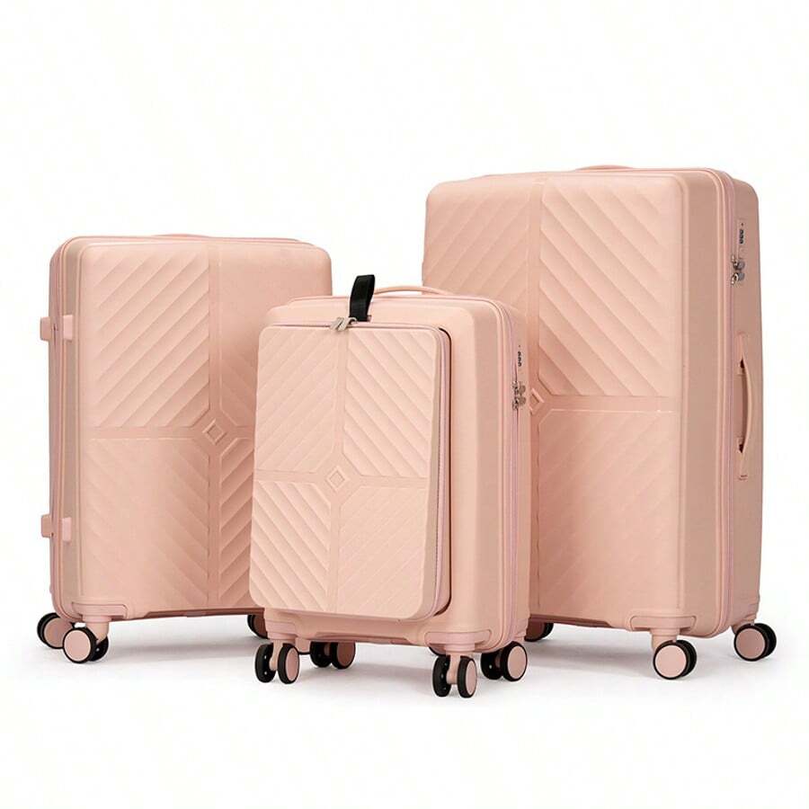 PP Suitcase With Zipper, Large Capacity Carry-On Spinner Luggage Case, Lightweight Travel Trunk, Combination Lock Box Bag For School School Accessories School Stuff - Pink - View 1