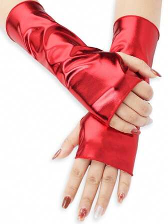 1 双女士纯色无指手套，街头风格 23 厘米，亮面皮革，适合舞台表演，春夏