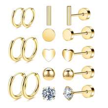 DAILI Set de 8 pares de pendientes dorados para mujer con múltiples perforaciones, de acero inoxidable y titanio, diseños con puntos, bolas, ópalo y circonita cúbica, calibre 20, conjunto de pendientes con aro y de botón con respaldo plano, aptos para pieles sensibles