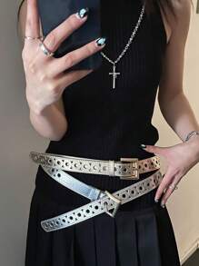 1pc Punk Y2K Style Glossy Hollowed-Out Women Personalised Belt, Fit For Skirts, Jeans, Casual Solid Color PU Leather Belt, Minimalist Fashion For Spring And Summer