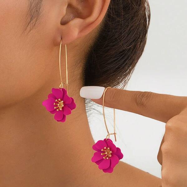1 Par de Brincos Femininos com Design Vibrante de Flor Fucsia na Moda