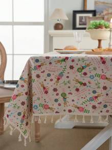 Bubaba 1pc Multi-Color Cartoon Flower Rectangular Tablecloth, Rustic Farmhouse Style Linen Print With Beige Tassel Decor, Suitable For Dining Room Round Table, Kitchen, Party, Holiday Celebration, Hotel, Cafe, Bedroom, All Seasons