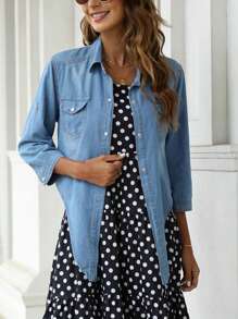 Women's Roll Up 3/4 Sleeve Shirt With Front Knot Chambray Denim Crop Top - 淺藍色 - 查看 4