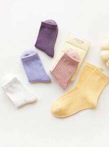 5 双女童纯色透气竖条纹中筒袜，糖果色长袜，适合学生、休闲和运动装 - 彩色 - 查看 4
