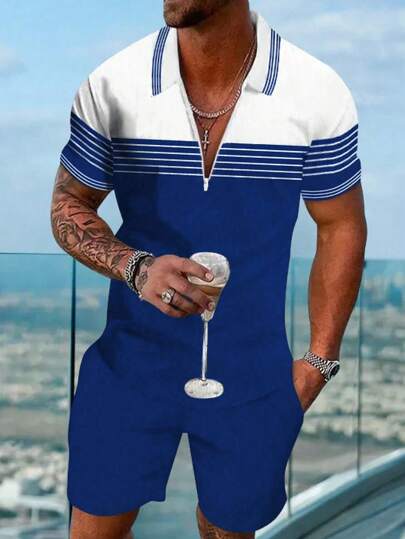 All-Over Print Lapel Collar Short Sleeve Top And Shorts With Pockets Casual Outfit ,Beach Outfit For Men,Vacation Outfit,Casual Spring,Old Money Style Men