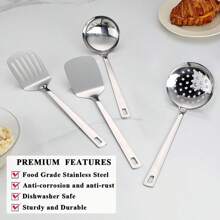 Stainless Steel Kitchen Utensils Set, 4-Count – Slotted Turner, Solid Turner, Skimmer & Ladle – Rust-Resistant, Long Handle, Hanging Loop, Dishwasher  – Everyday Cooking & Serving