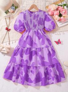 Left Mama Tween Girl' Sweet Round Neck Butterfly Print Puff Sleeve Smock Princess Dress, Summer