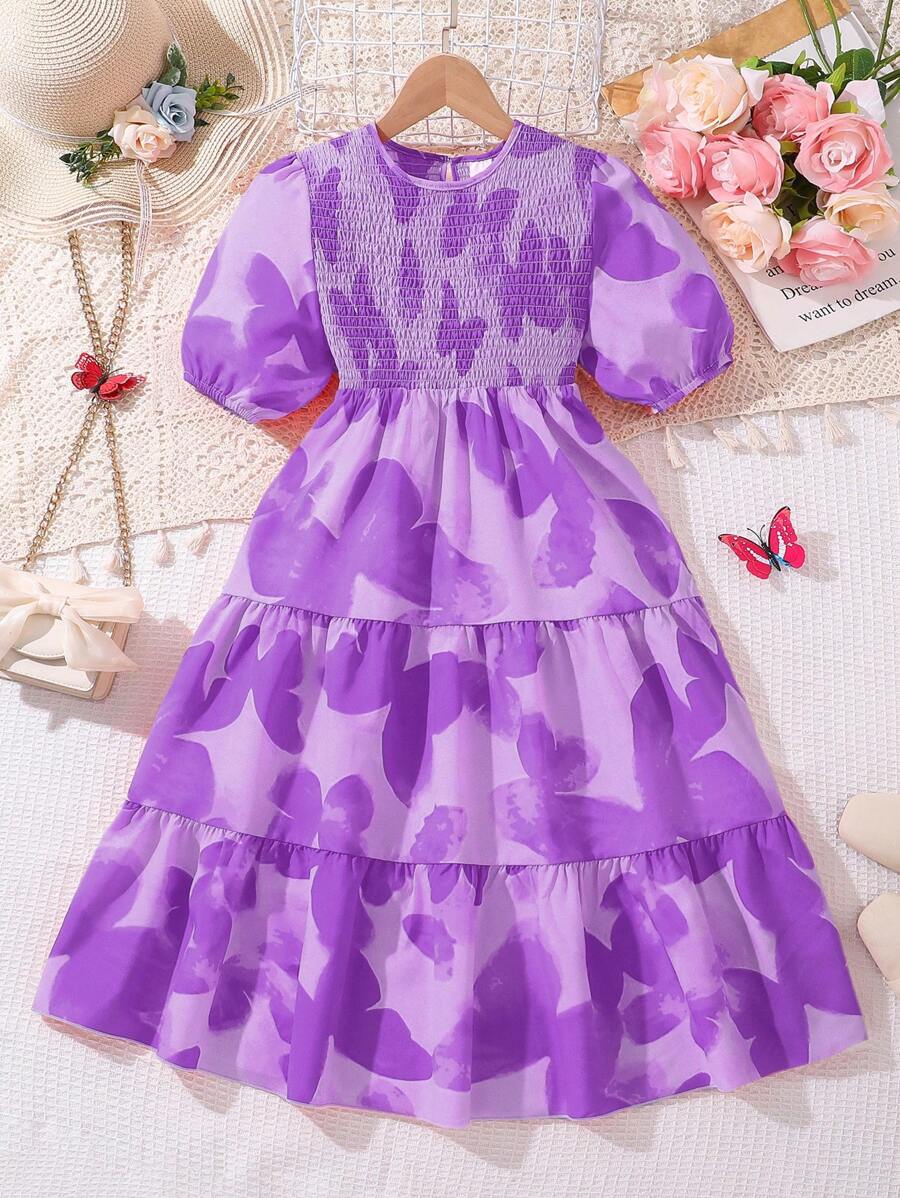 Left Mama Tween Girl' Sweet Round Neck Butterfly Print Puff Sleeve Smock Princess Dress, Summer