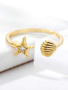 1Pc Marine Life Starfish Shell Ring With Zirconia, Dainty Ocean Sea Shell Open Adjustable Finger Ring, Ladies Jewelry Fashion Accessories