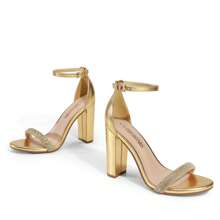 Women Rhinestone High Heeled Sandals Glamorous Chunky Heel Ankle Strap Open Toe Dressy Pump Sandals With Shiny Rhinestone Decor, For Party Wedding Prom - Gold - View 4