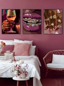3pcs Set Modern Pink African Woman & Golden Jewelry Canvas Wall Art Prints, Bedroom Wall Art, Living Room Wall Decor, Dining Room Wall Decoration, Kitchen Decorative, Study Room, Corridor, Dormitory Decoration, Ideal Gift For Friends, Wall Arts, Wall Decoration, Home Decoration, Room Decoration Canvas Painting ,Posters,Frameless ﻿ ﻿ ﻿ ﻿ ﻿ ﻿ Gifts Birthday Graduation