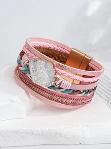 1 件波西米亚风宝石饰皮革缠绕手链，适合女士、少女、可叠戴手链、妈妈礼物、圣诞节、感恩节、万圣节、婚礼、狂欢/舞会/派对/日常配饰、周年纪念礼物、情人节、波西米亚风珠宝、生日、伴娘礼物 - 玫瑰粉 - 查看 5