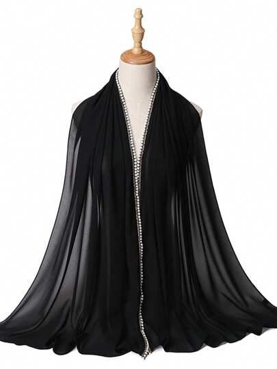 1pc Women's Heavy Chain Pearl Chiffon Muslim Hijab Scarf