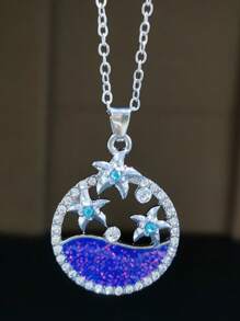 1 件简约海星吊坠项链，带人造水晶镶嵌，适合女士海滩和度假装 - 銀色 - 查看 7