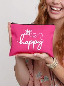 Make-uptas met opdruk van de letters "Happy" en een klein bijenpatroon - lichtgewicht en geurloze reistas van polyester, geschikt voor natuurliefhebbers en vrouwen, leuke multifunctionele canvas tas in cartoonstijl, perfect cadeau voor tieners, verjaardags- en reisaccessoires, vakantiecadeaus, boho-sfeer, voor strandvakanties, badkamercollectie, slaapkamercollectie, grote capaciteit