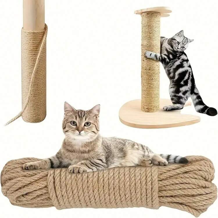 Poste rascador para gatos de cuerda de lino natural, accesorio útil para la actividad del gato, complementado con juguetes para juego interactivo, decoración del hogar para mejorar el bienestar - Marrón - Añade 1