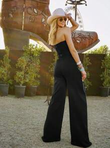 Women 2Pcs Fall/Summer Casual Form-Fitting Zip-Up Tube Top And Drawstring Elastic Waist Straight Leg Pants Set, Festival Concert Women Rave Outfits - Black - View 2