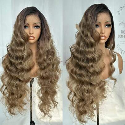 32-Inch Lace Front Wavy Swiss Lace Synthetic Hair Wig, Middle Part Any Part, Suitable For Party & Daily Wear, Natural Black With Honey Blonde Highlights, Heat Resistant, Realistic Full Wigs