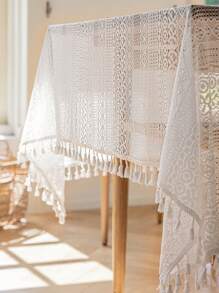 白色几何刺绣桌布，法式浪漫简约风格纯色流苏，户外婚礼、野餐、派对、节日聚会、餐桌装饰的摄影背景，四季皆宜