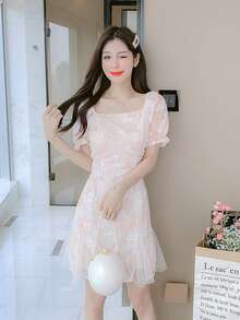 RUIWY 春夏束腰珍珠串珠雪纺迷你连衣裙，迷人设计 - 粉色 - 查看 3