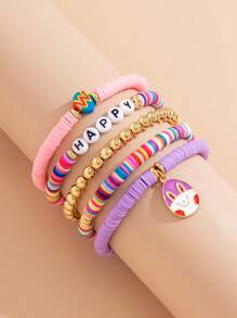 5pcs Fashionable Easter Elements Rabbit & Egg Pendant Bracelets Set, Stackable Colorful Beaded Resin Letter Charm Bracelet, Women Daily Accessory And Holiday Gift Jewelry