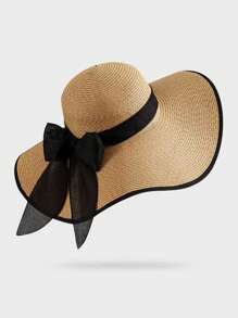 1pc Fashionable Wide Brim Straw Hat With Black Ribbon Decoration, Minimalist Style - Khaki - View 1