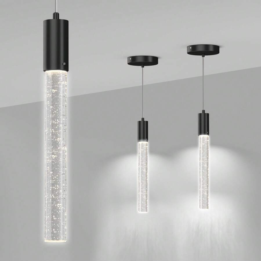 Black 2-Light Pendant Light, 3000K/4000K/6000K LED Bubble Glass Chandeliers