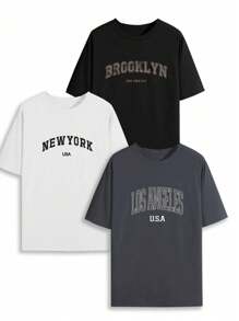 加大码 3 件套 黑色、白色和灰色 英文纽约和布鲁克林字母印花短袖 T 恤
