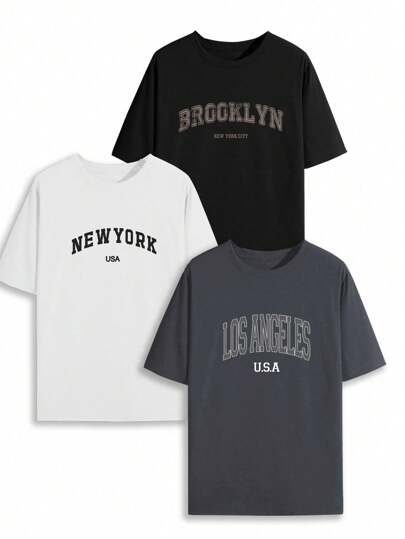 加大码 3 件套 黑色、白色和灰色 英文纽约和布鲁克林字母印花短袖 T 恤