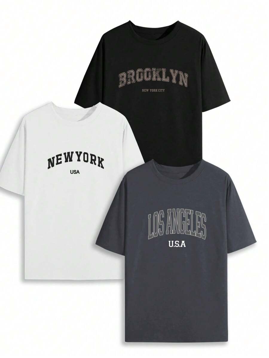 加大码 3 件套 黑色、白色和灰色 英文纽约和布鲁克林字母印花短袖 T 恤