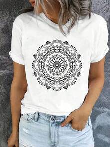 100% Cotton Unisex Mandala - Pattern Graphic Round Neck Short - SLeeve T - Shirts, Basic Tees, And Graphic Crop Tops Are Summer Women's Tops. - 白色 - 查看 1