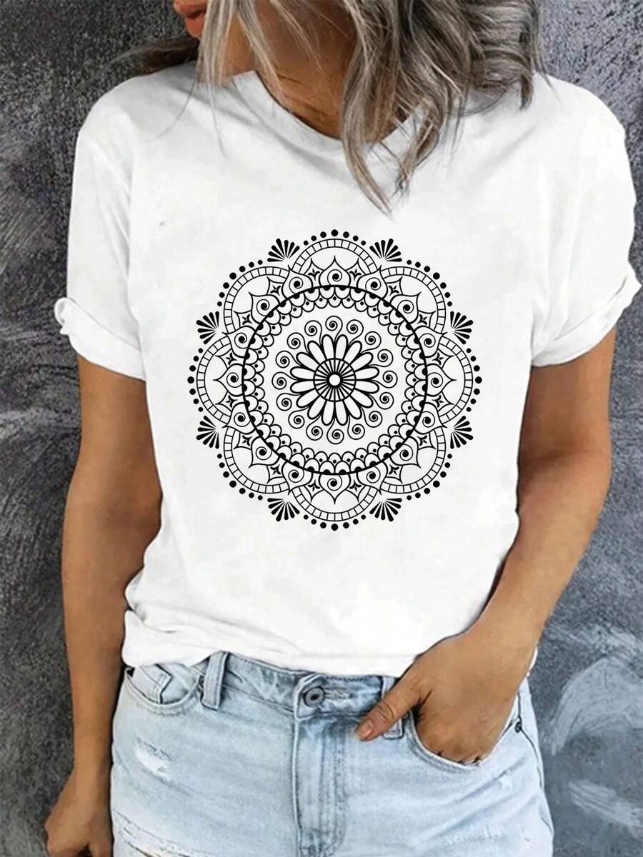 100% Cotton Unisex Mandala - Pattern Graphic Round Neck Short - SLeeve T - Shirts, Basic Tees, And Graphic Crop Tops Are Summer Women's Tops. - 白色 - 查看 1