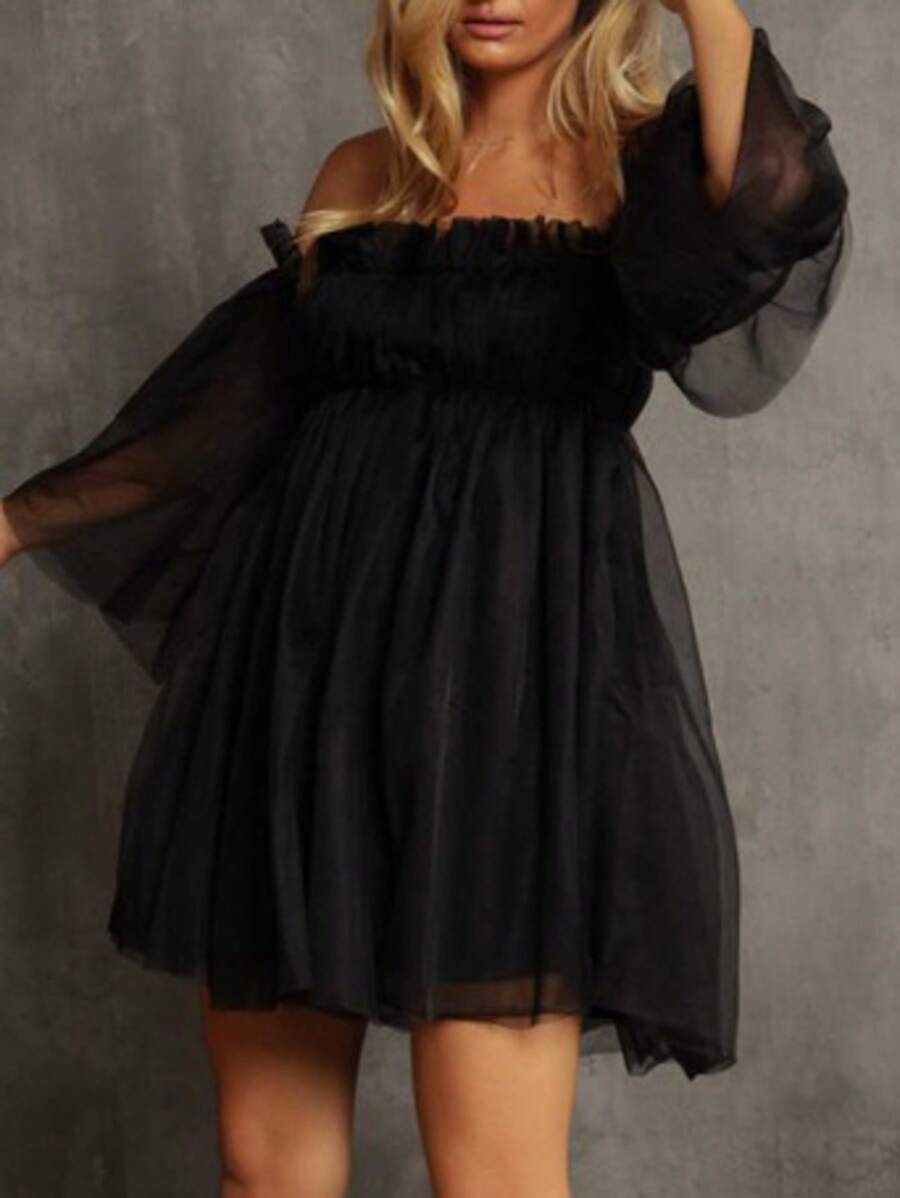 Blusa con volantes de tul - Negro - Ver 1