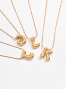 Golden Color Stainless Steel Initial Necklace For Women Girls Chunky Bubble Letter Pendant Necklaces Collar Jewelry Gift