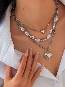 时尚爱心吊坠具有设计感不对称仿珍珠折叠项链 - 項鍊套裝 - 查看 3