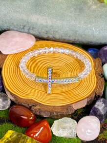 1 pieza/Pulsera de cruz horizontal con cristal y rhinestone, pulsera de oración religiosa de mujer, joyería de descompresión de cristal falso - Blanco - Ver 4