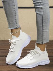 Women's 24 New Color Block Pattern Hollow Breathable Retro Floral Lightweight Lace-Up Sneakers For Road Running And Sports - White - View 3