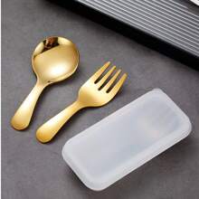 Stainless Steel Portable Cutlery Set, Spoon And Fork, Outdoor Travel Picnic Box, Random Color,School Supplies