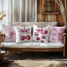 4pcs 17.7*17.7in(45*45cm) Pink Cherry Blossom Bow Print Pillow Cover [Single-Sided Printing] Home Decor Headboard Cushion Sofa Pillow Sham Peach Velvet Windowsill Cushion Cover [Pillow Insert Not Included], Suitable For Daily Use, Home High-End Minimalist Self-Use Decoration, Living Room Sofa Bedroom Bedhead Decoration, Small Car Pillow Cover Pillowcase