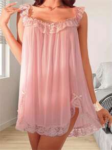 Women's Sleepwear Lace Nightdress Lace Trim Sleep Dress Vintage Nightgown Loungewear Pajamas With Briefs - 粉色 - 查看 5