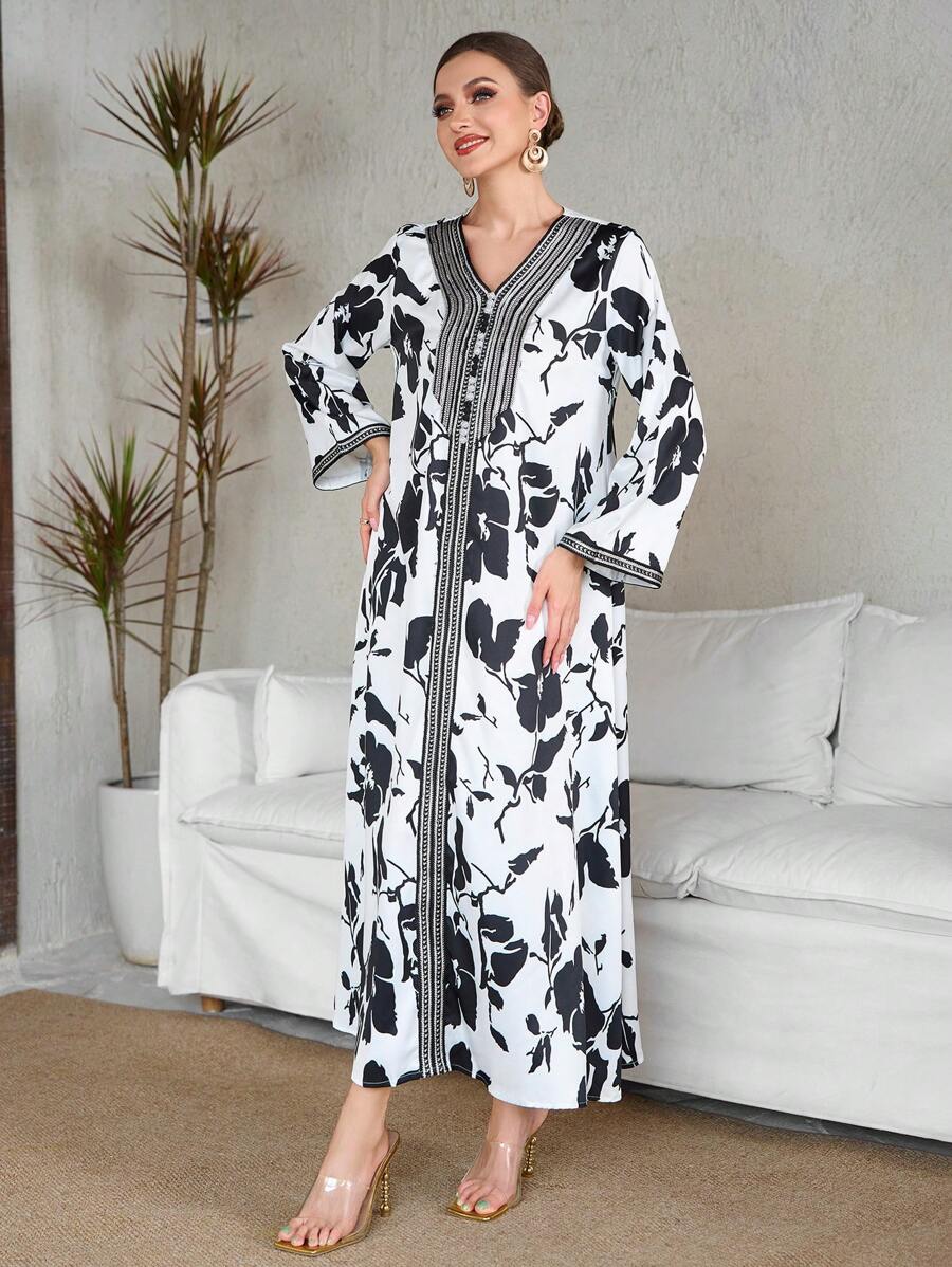 2025 New Style White Printed Abaya Dress For Women,Modest - White - View 1
