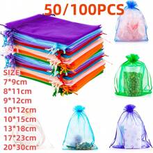 50/100个欧根纱礼品袋，多色混合糖果袋，餐具，万圣节圣诞节礼品袋，家居装饰，沙特国庆节礼品包装，沙特阿拉伯派对用品，适用于各种节日，派对，生日，婚礼，礼品，户外野餐，情人节，婚礼回礼糖果袋，珠宝包装欧根纱袋，旅行收纳袋，圣诞节情人节 - 彩色 - 查看 5