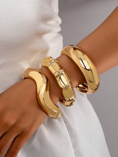 3 peças/1 conjunto Conjunto de Pulseiras Assimétrico de Onda Geométrica Dourada Minimalista de Bambu, Adequado para Mulheres, Conjunto de Pulseiras de Metal Grosso e Liga de Zinco